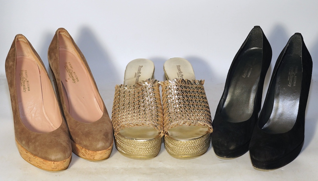 A pair of Russell & Bromley gold metallic weave wedge mules, a pair of Stuart Weitzman for Russell & Bromley nude suede wedge pumps and a pair of Stuart Weitzman for Russell & Bromley black suede platform pumps (with box